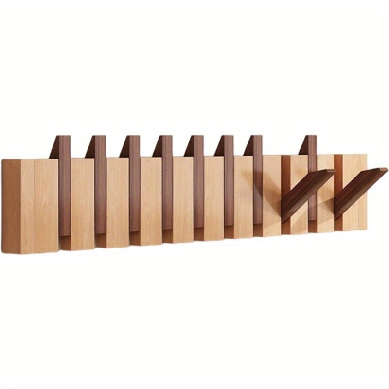 1pc Natural Wood Wall-Mounted Coat Rack with 10 Hooks - Piano-Shaped Accordion Design, Walnut Finish, Space-Saving Vertical Storage for Entryway, Bedroom, Bathroom - Easy Assembly, No Batteries/Electricity, Durable Multi-Purpose Organizer for Coats, Hats,