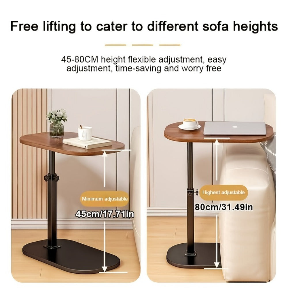 C-Shaped Lift Table with Adjustable Height and Cork Tabletop, Iron Frame Side Table for Sofa Bed Bathtub Outdoor, Coffee Table Laptop Desk for Living Room Bedroom Bathroom Office, Black or Walnut