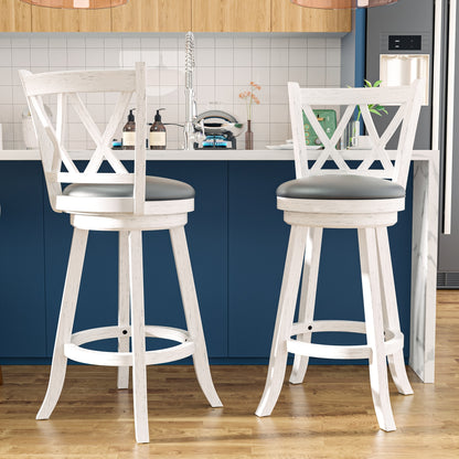 2 Set High Back Swivel Bar Stools with Upholstered Seat & Solid Wood Footrest, Rustic Counter Height Stools for Kitchen & Pubs