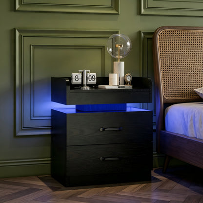 Nightstand with Charging Station LED Lights 2 Drawers Modern Black Bedside Table End Table with Storage for Bedroom Living Room