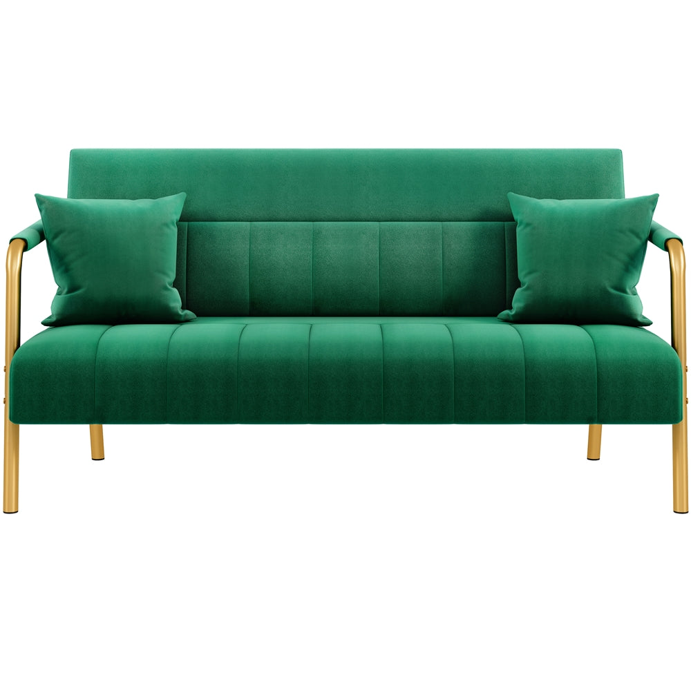 Costoffs Velvet Fabric Sofa Couch, 56.5″ W Modern Loveseat Couch with Gold-tone Metal Arms, Legs & 2 Pillows, Sofa for Living Room, Bedroom Furniture