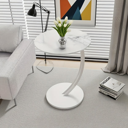 Modern Luxury Wrought Iron and Wood Hybrid Side Table with White Marble-patterned Top - Space-saving Sofa/bedside Coffee Table with Storage Shelf, Black Metal Frame and MDF Base, Compact Portable Design, Easy Assembly Suitable for Small Spaces