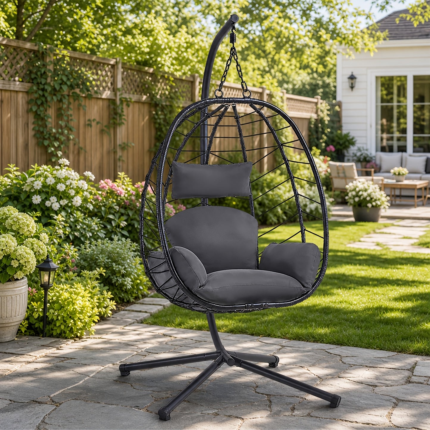 [Egg Swing Chair] Hanging Egg Chair With Stand, Rattan Wicker Egg Chair With Cushion Headrest, Outdoor Indoor Egg Swing Chair With Dual Chains, 350LBS Capacity For Patio, Porch, Balcony, Bedroom (Light Grey)