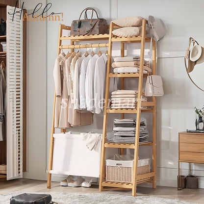 A multi capacity storage rack with brown and brown options, equipped with 5 side storage racks. A hat rack with shelves and bags is suitable for home storage, and a side hat hook is suitable for bedroom and hat room storage Specifications: with bag or wit