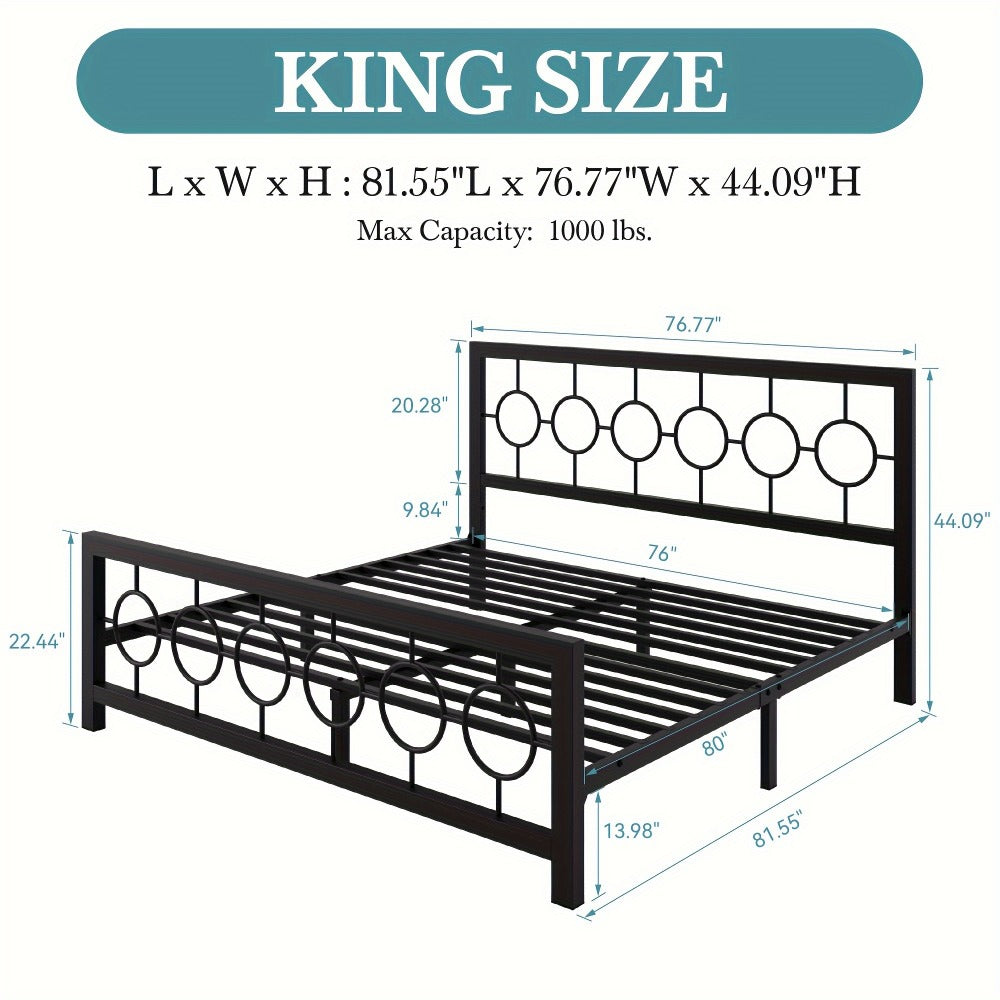 Metal Platform Bed Frame with Vintage Circular Design Headboard and Footboard Under Bed Storage No Box Spring Twin Full Queen King Black Brown