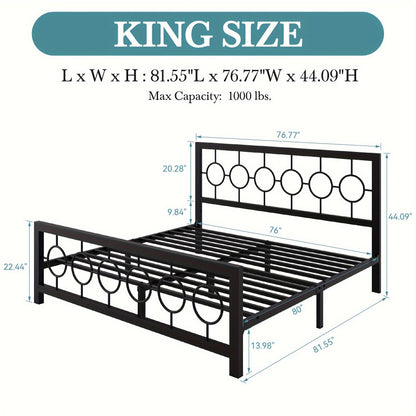 Metal Platform Bed Frame with Vintage Circular Design Headboard and Footboard Under Bed Storage No Box Spring Twin Full Queen King Black Brown