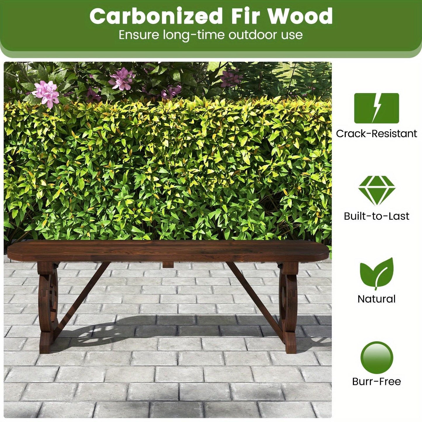 [Rustic Wood Bench] LIFEZEAL Patio Rustic Wood Bench, Carbonized Wood Long Bench W/ Wagon Wheel Base, Slatted Seat Design, 2-Seat Dining Bench for Garden, Backyard, Porch