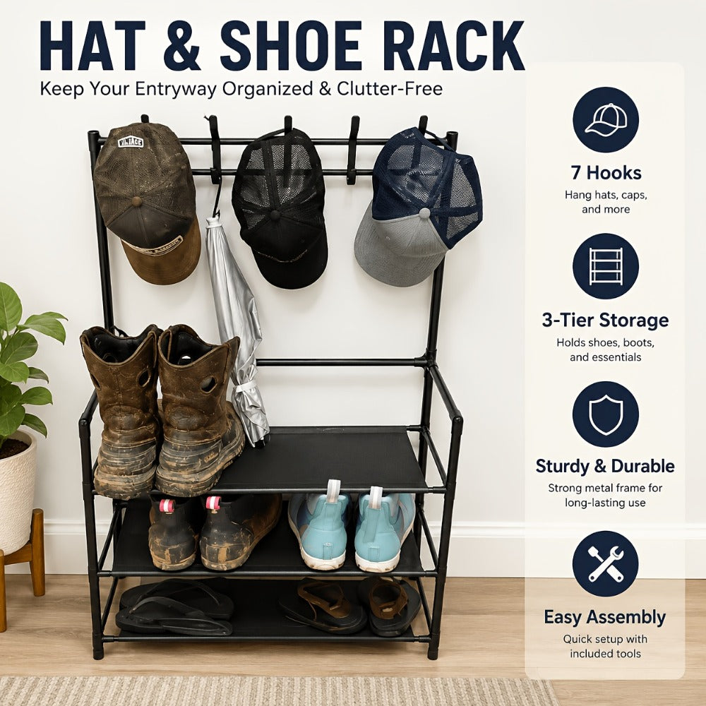 Entryway Shoe Rack with Coat Hooks Multifunctional 3 4 5 Tier Shoe Hat Organizer - Choose 5-Tier + 8 Hooks, 3-Tier Hat Rack, or 4-Tier + 10 Shoe Bags | Freestanding Black Rack for Home Dorm Hallway