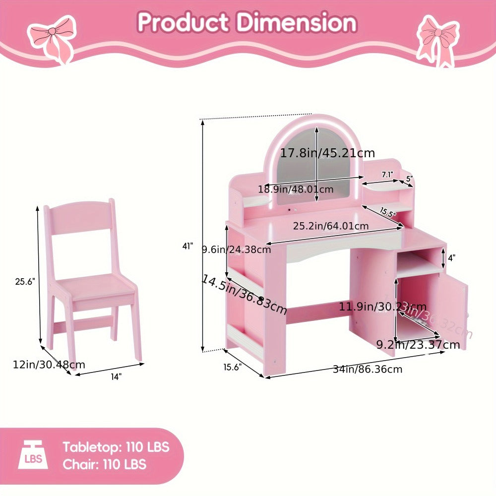 Girls' 2-in-1 Princess Vanity Set with Lighted Mirror (Cool/Warm) - Makeup Desk & Chair with Storage Cabinet, Bookshelf & Shelves, MDF Beauty Table for Toddler Girls Room, Easy Assembly Required - Ideal Kids Furniture Gift for Birth