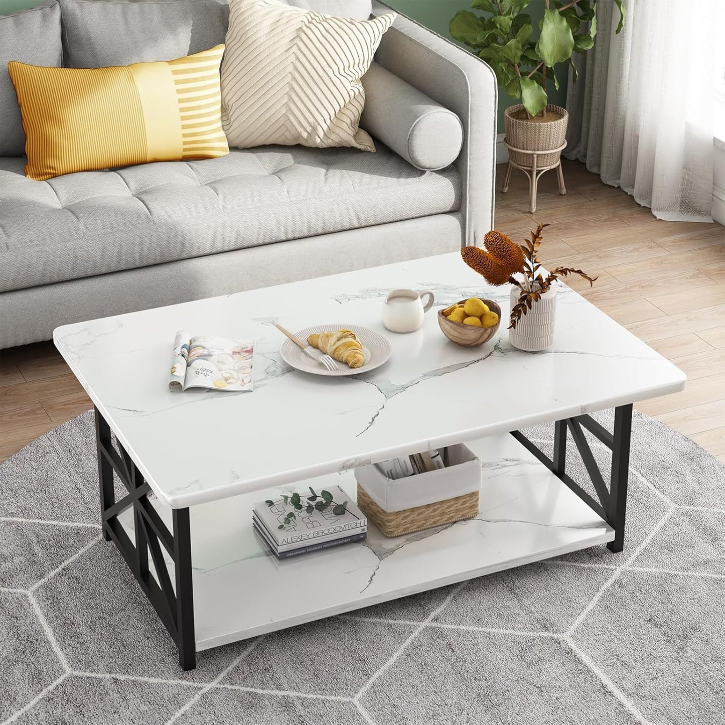 LTTROMAT Modern Coffee Table for Living Room, Faux Marble 2-Tier Coffee Table with MDF Broad & Metal Frame, Farmhouse Style Rectangular Center Table for Small Space, Space Saving Tea Table for Bedroom, Kitchen, Office