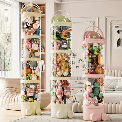 4-Layer Clear Plastic Stuffed Animal Storage Tower Plush Zoo House Organizer Dustproof Display Tube for Bedroom Living Room Dollhouse Decor Green Cream Pink