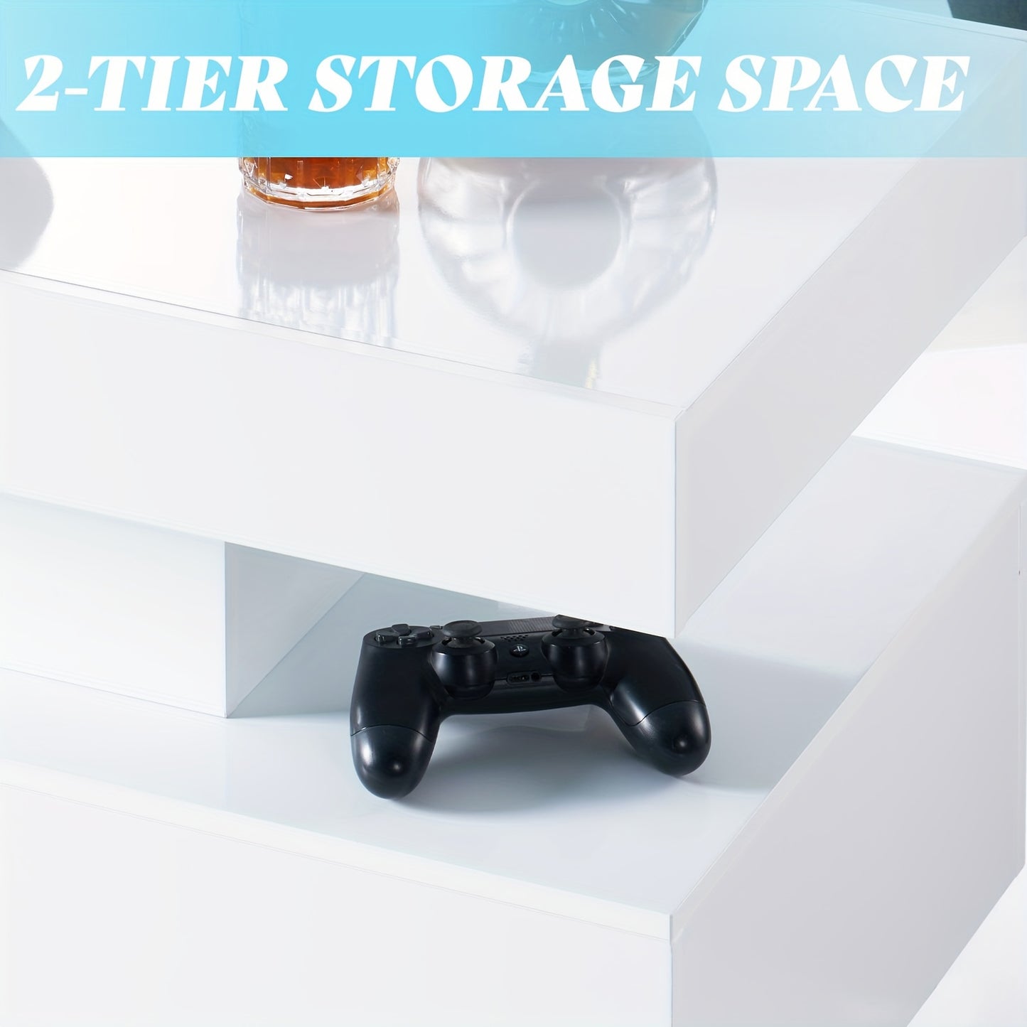 High Gloss LED Coffee Table, Modern 2-Tier Center Table with LED Lights, Open Storage Space