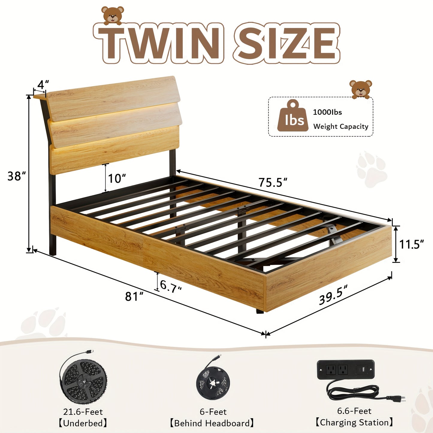 Valnase Floating Bed Frame with LED Lights, with Built-In Charging Station Storage Wooden Headboard, Heavy-Duty Metal Support, Easy Assembly