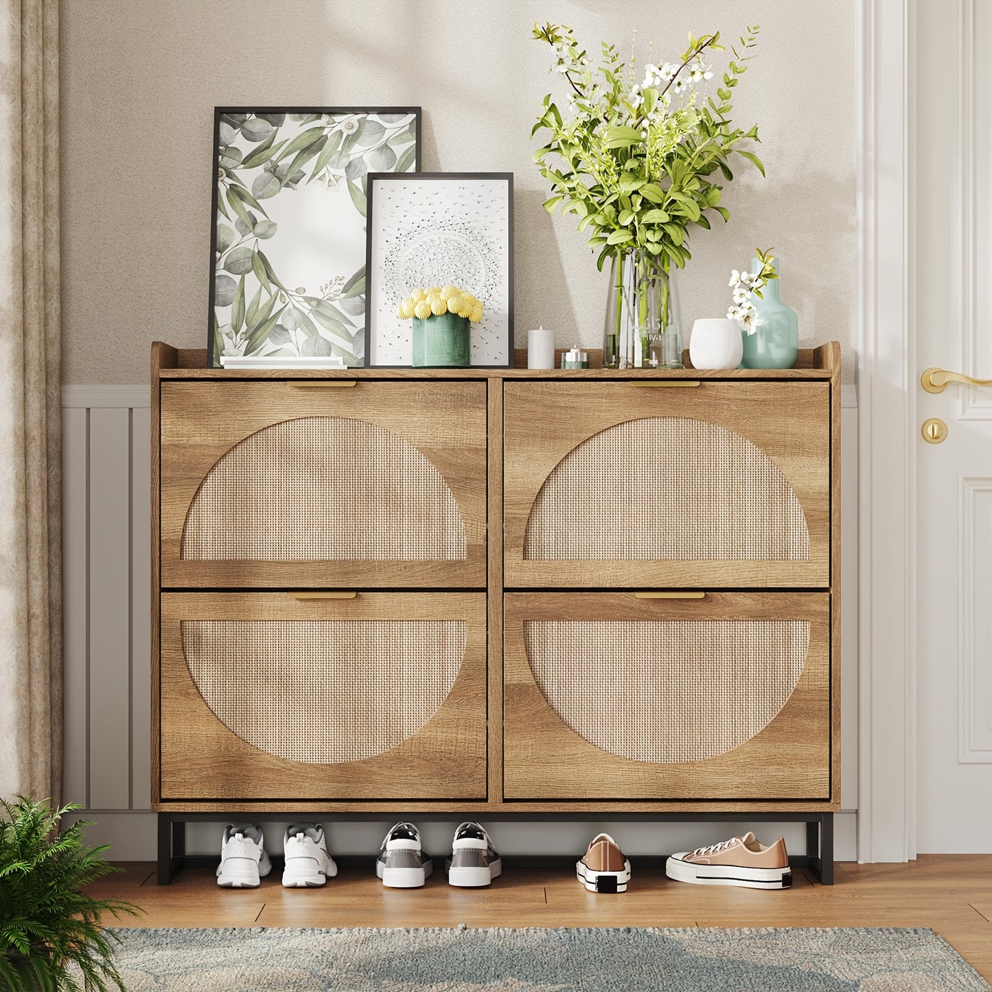 Rustic Oak Rattan Shoe Storage Cabinet, 2/3/4 Flip Drawers Freestanding Narrow Shoe Organizer, Shoe Rack With Sturdy Metal Legs And Hidden Golden Handles, Space Saving Hidden Footwear Storage Furniture Perfect For Entryway Hallway Front Door Home De