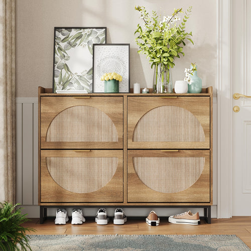 Rustic Oak Rattan Shoe Storage Cabinet, 2/3/4 Flip Drawers Freestanding Narrow Shoe Organizer, Shoe Rack With Sturdy Metal Legs And Hidden Golden Handles, Space Saving Hidden Footwear Storage Furniture Perfect For Entryway Hallway Front Door Home De