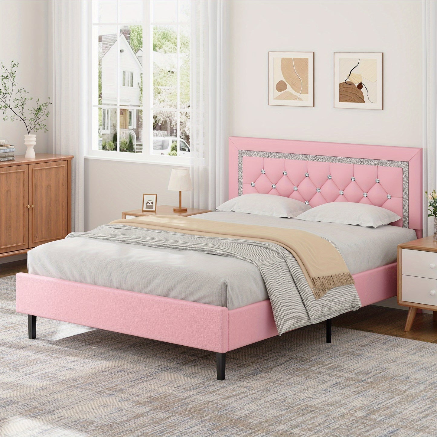 [Halloween] Twin Full Queen Size Bed Frame, Diamond Headboard, Wood Slats Support, Princess Bed Frame, Easy To Assemble, Soft PU Leather, Maximum Weight Recommendation 900Pounds, Furniture For Home, Bedroom Decor, Bedroom Furniture, Pink/White/Black Hallo