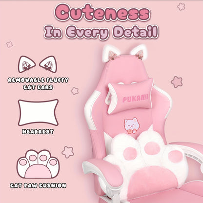 Gaming Chair with Cat Ears And Cat Paw Cushion Pillow, Cute Computer Chair for Girl with Footrest, Ergonomic Gamer Chair, Kawaii Gaming Chair, Reclining Game