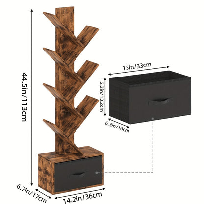 6-Tier Tree Shaped Bookshelf with Drawer – Rustic Brown Wood Book Storage Shelf for Living Room, Bedroom & Home Decor, Freestanding Display Organizer for Books, CDs & Movies