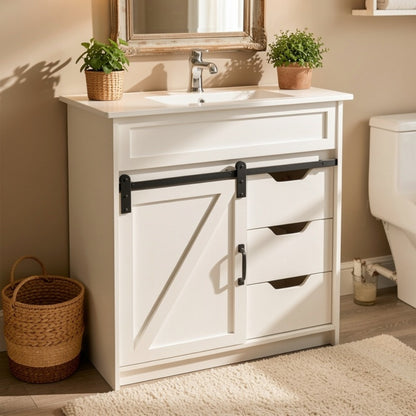 30 Inch Cottage Style Bathroom Vanity with Sink - Solid Wood Cabinet 3 Drawers Barn Door Sliding Shelf Ceramic Undermount Sink Modern Farmhouse Design