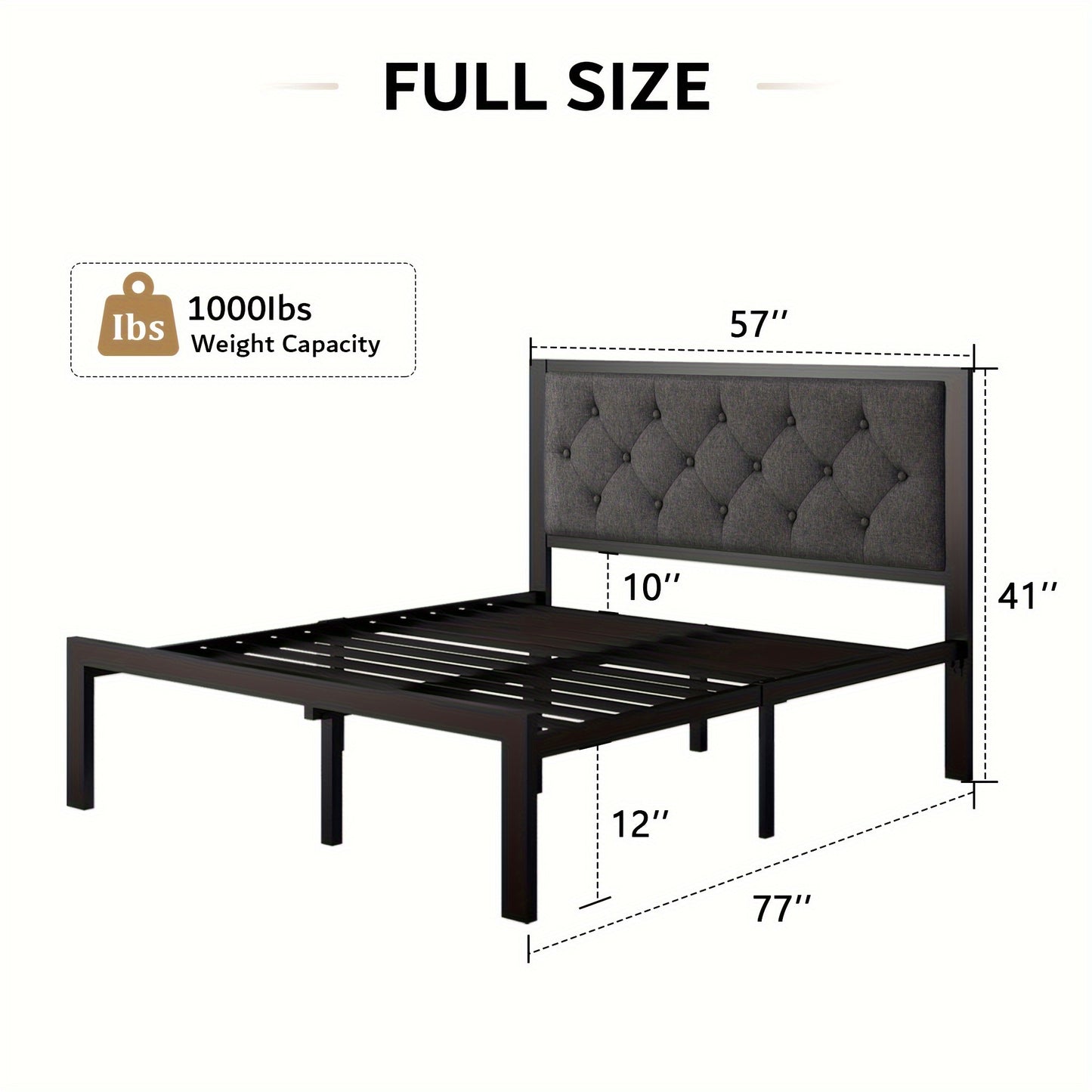 Metal Bed Structure, Platform Style with a Button-Tufted Headboard, Featuring 12 Inches of Space Underneath, Supported by Steel Slats, And Designed for Easy Assembly