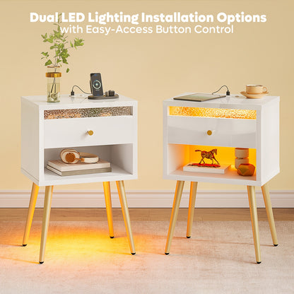 A Pair of Contemporary Nightstands Featuring USB Charging Ports, Standing at 12 Inches Tall. These Compact Bedside Tables Come with a Drawer And Open Storage, Making Them Ideal for Valentine'S Decor in Bedrooms Or Living Rooms