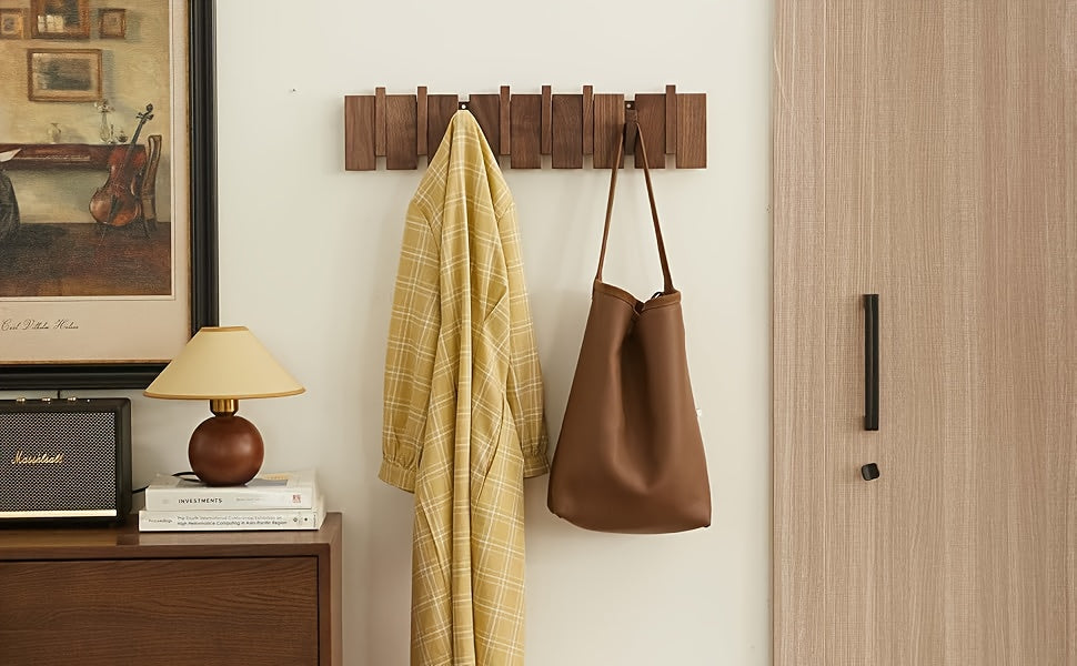 Modern Walnut Wooden, with 4/6/8/10/12 Hooks, Coat Rack, Hooks, Wall Mounted, Accordion, Entryway, Bedroom, Bathroom, Solid Wood, Smooth Polishing, Stable Adhere, Holds 22 Lbs, Floating Shelves