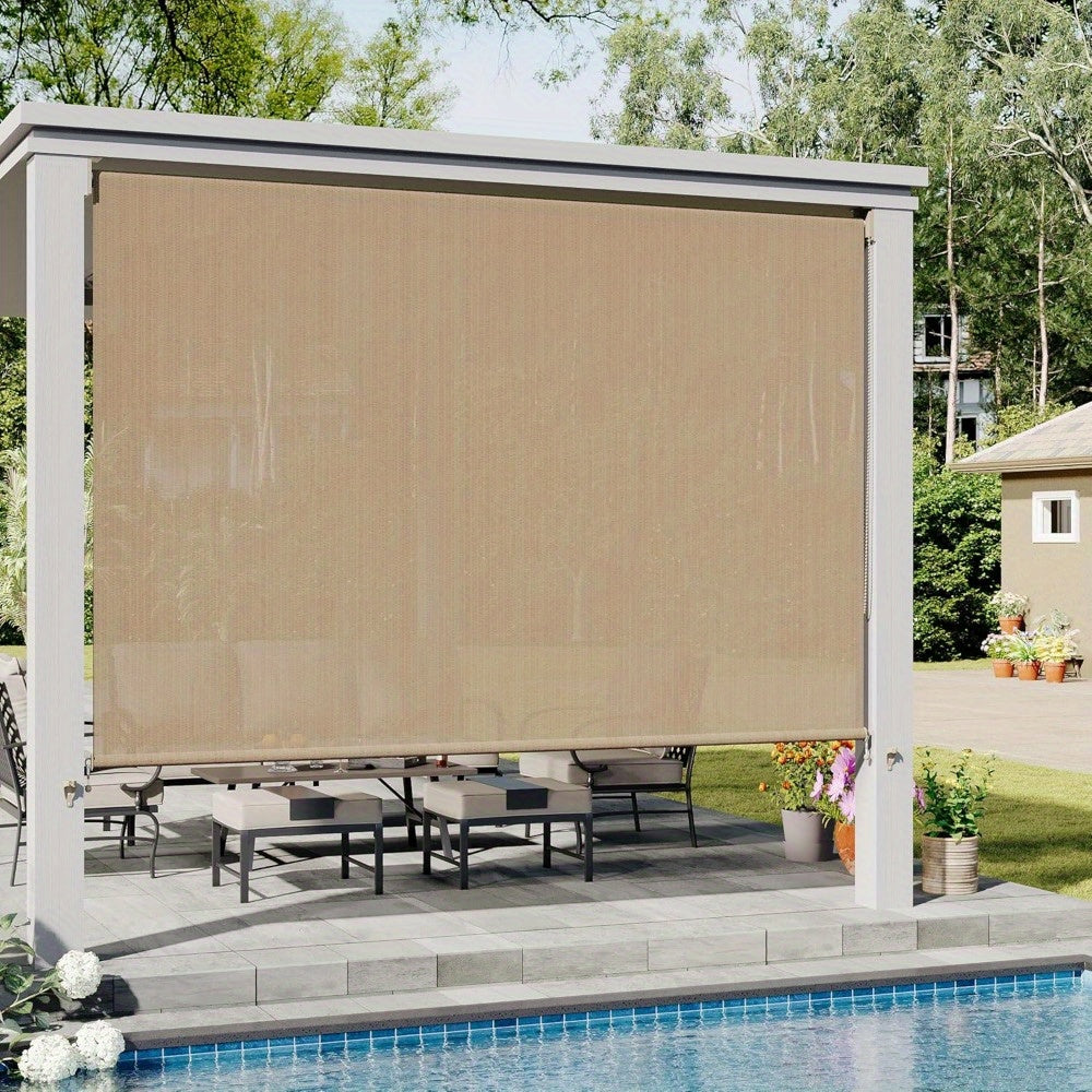 8ft X 8ft Premium Outdoor Roller Shade - Heavy Duty Cordless Patio Blind with Splicing Panels for Porch, Deck & Pergola | UV-Resistant & Water-Repellent Polyester Fabric | All-Weather Protection | Grey/ Brown
