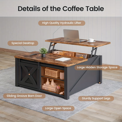 Farmhouse Lift Top Coffee Table with Storage, Square Coffee Table with Large Hidden Storage Compartment And Adjustable Shelves for Living Room, Black/White/Grey/Blue