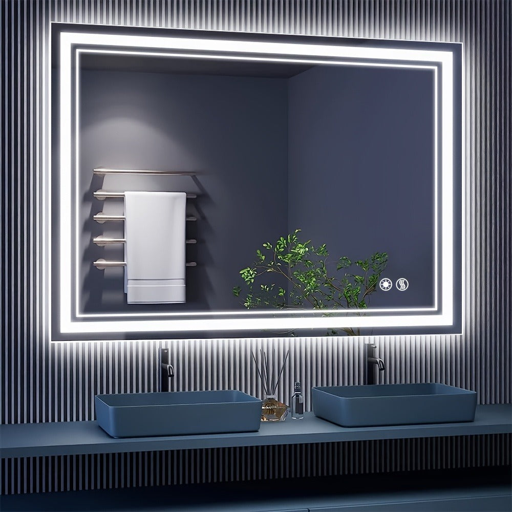 LED Bathroom Mirror with Anti-Fog Front & Backlit Dimmable 3 Color Lighting Wall Mounted Vanity Mirror Stepless Brightness Horizontal Vertical 24x36 32x40 36x28 40x28 Inch