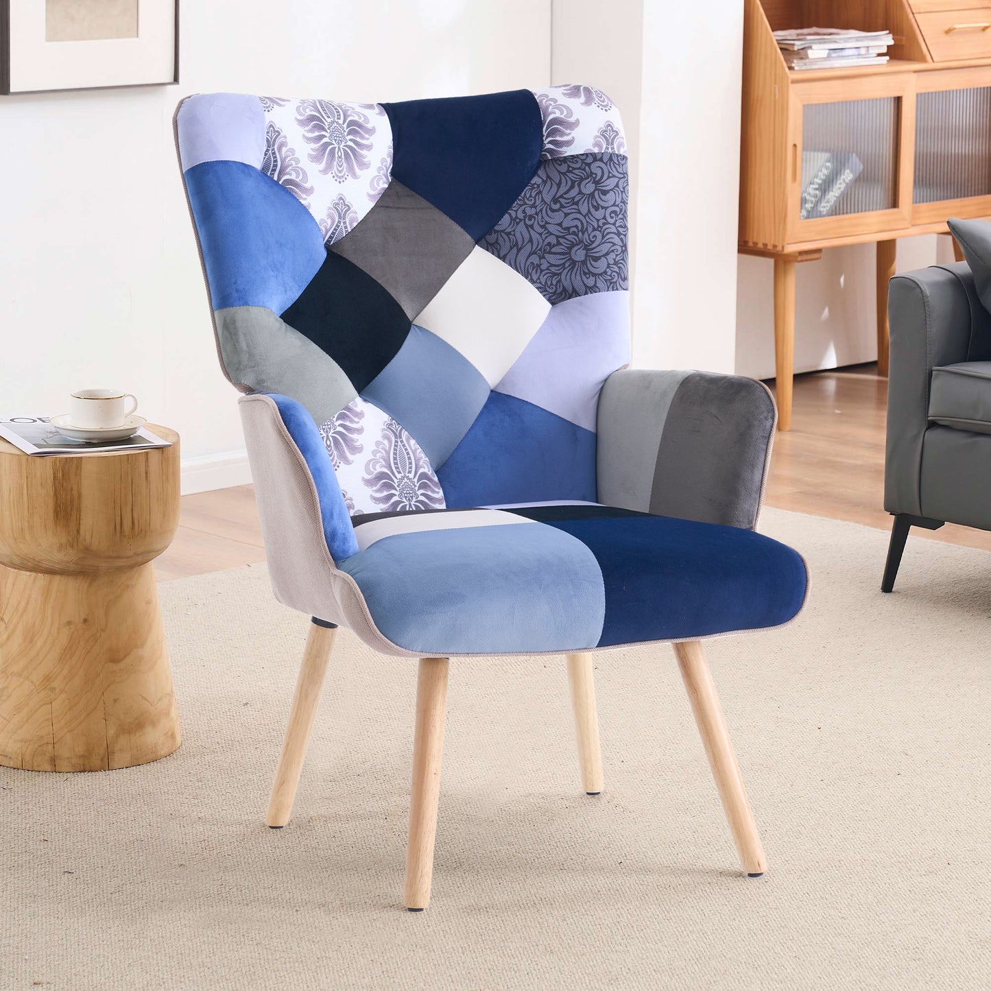 Patchwork Accent Chair High Back Armchair with Memory Foam Cushion & Hardwood Legs – 330 lbs Capacity Linen Upholstered Reading Chair for Living Room Bedroom Home Office, 6 Colors