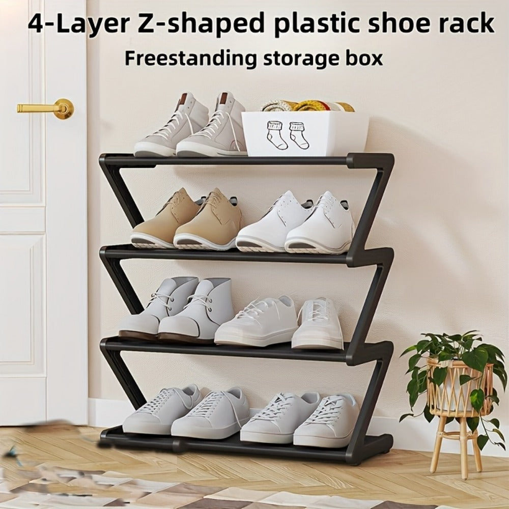 Stackable Shoe Rack 4 Tier Z-Shaped Organizer with Independent Storage Boxes, Fabric Entryway Shelf for Living Room Bedroom Closet, Black White Pink