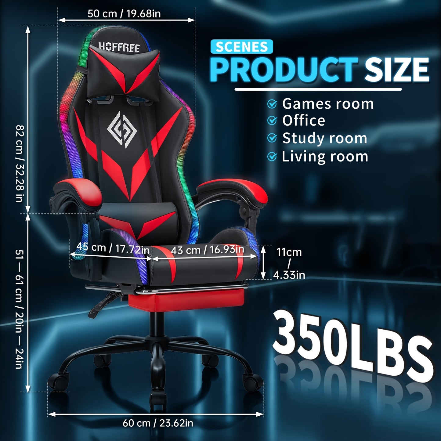 HOFFREE 2 Point Massage Lumbar Support Bar - Ergonomic Gaming Chair, Sponge-Filling, Rotating Back And Cushioned Seat For PC, Laptop, Gaming Setup, Wireless Gaming Chair, Comfortable Recliner