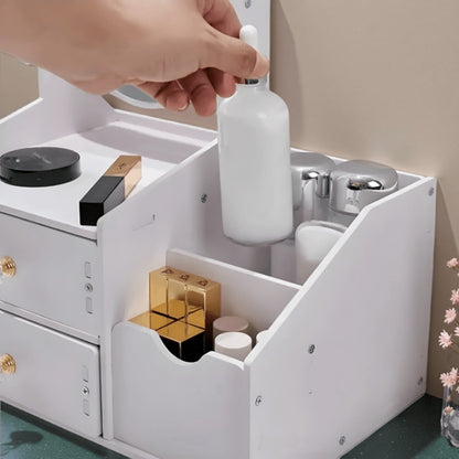 White Dressing Table with Rotating Makeup Mirror, Drawers & Shelves for Cosmetic Storage, Elegant Vanity Table for Bedroom Bathroom Living Room, Holiday Gift Idea