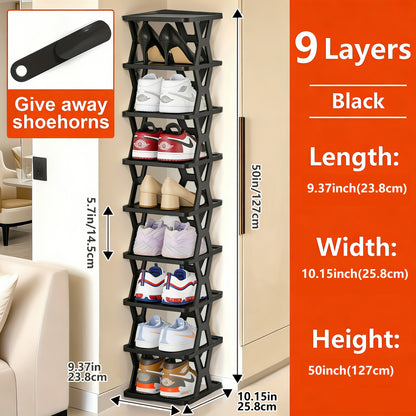Stackable Shoe Organizer Rack 6 or 9 Tier Vertical Plastic Shoe Rack with Shoe Horn for Closet Hallway Entryway Bathroom Dorm Space Saving White Black