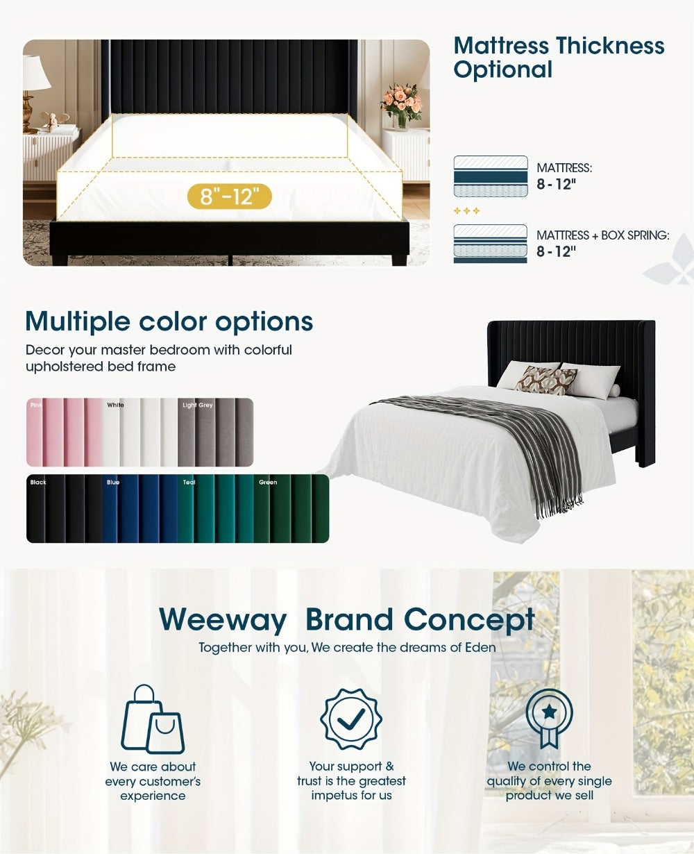 Velvet Wingback Platform Bed Frame with Channel Tufted Headboard – Wooden Slats, No Box Spring Needed, Heavy Duty, Full Queen King, 7 Colors