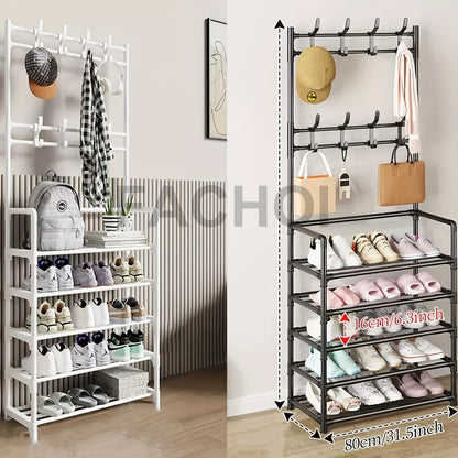 Metal Shoe Rack with Coat Hooks 5 or 10 Layer, Freestanding Shoe and Coat Organizer with Detachable Hooks for Entryway Hallway Apartment, Black White