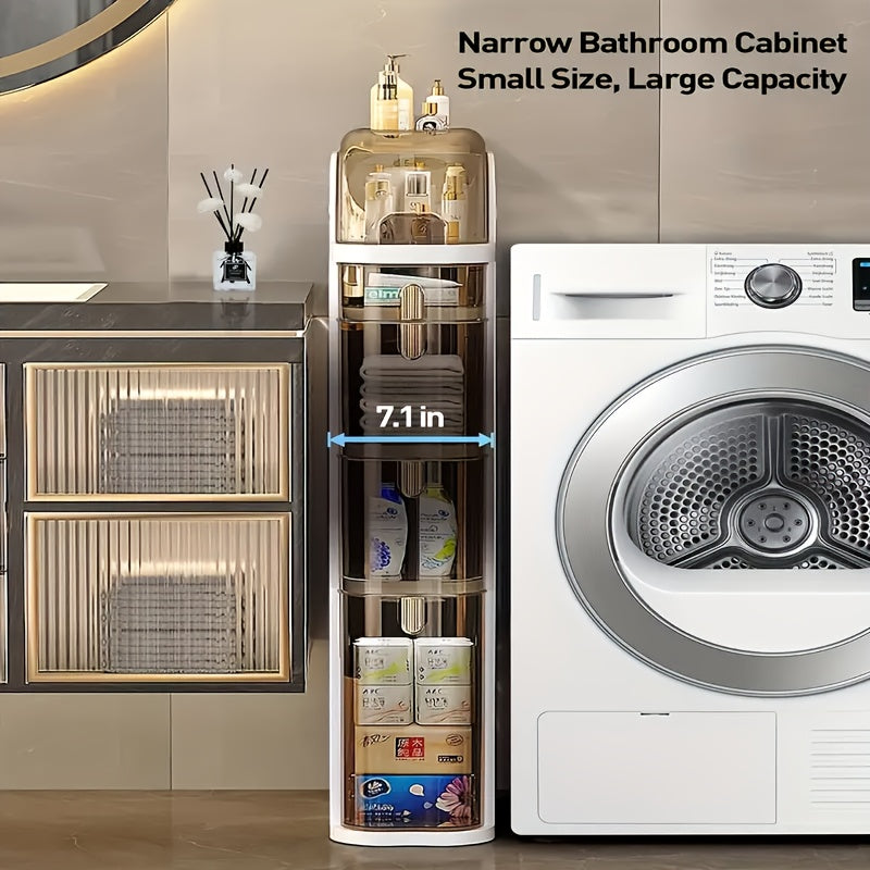 4-Tiers Slim Bathroom Storage Cabinet With Drawers & Tissue Box, Plastic Narrow Rolling Bathroom Tower Cart & No Installation For Small Spaces Kitchen Living Room