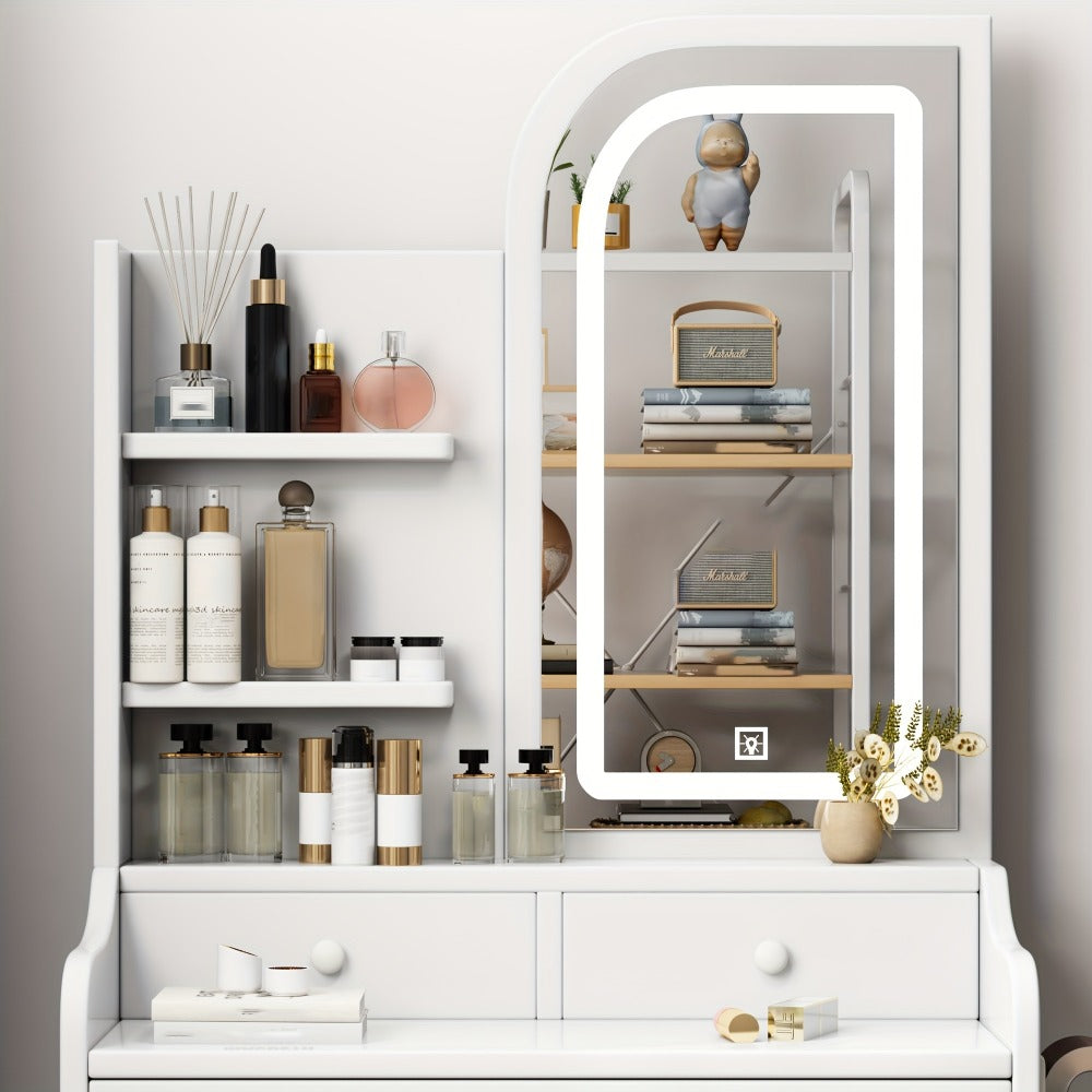 Vanity Dressing Table with Sliding Mirror & Cushioned Stool | 4 Drawers, 3 Shelves, Mirror Cabinet, White Bedroom Makeup Desk for Small Spaces