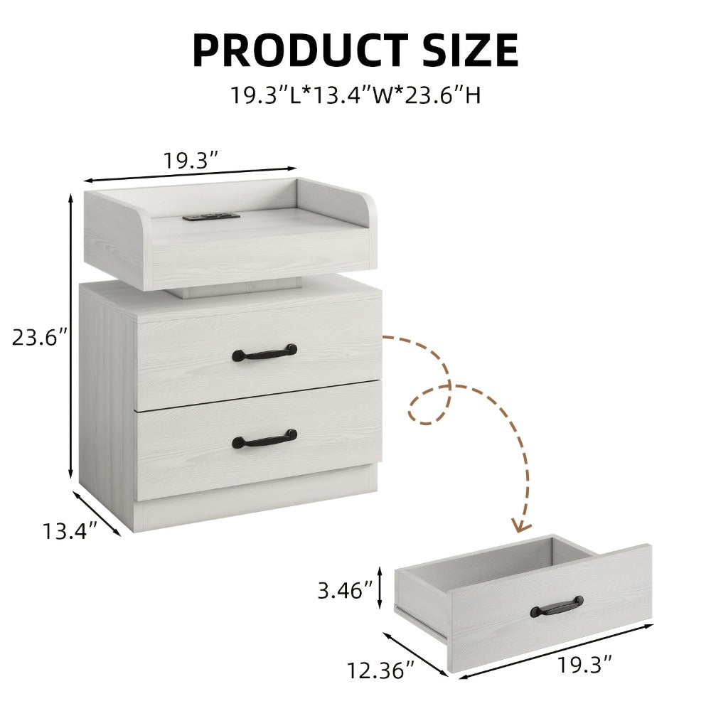 Nightstand with LED Lights & Charging Station – 2 Drawers Bedside Table, Modern End Table for Bedroom Living Room, White Black Grey, 1pc or 2pcs Set