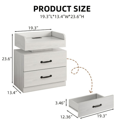 Nightstand with LED Lights & Charging Station – 2 Drawers Bedside Table, Modern End Table for Bedroom Living Room, White Black Grey, 1pc or 2pcs Set