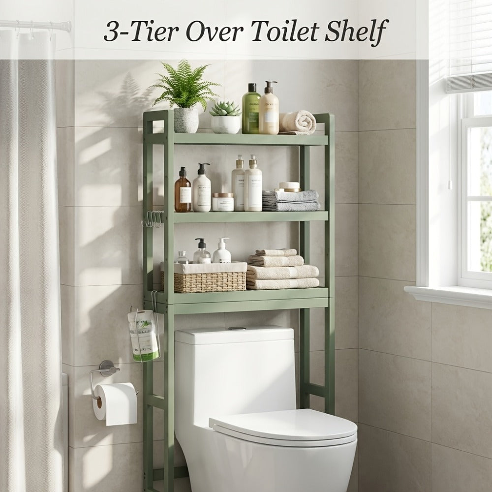 Over The Toilet Shelf Unit 3 Tier Adjustable Rust Resistant Bamboo MDF, Space-Saving Bathroom Organizer for Towels Toilet Paper Toiletries Vertical Storage