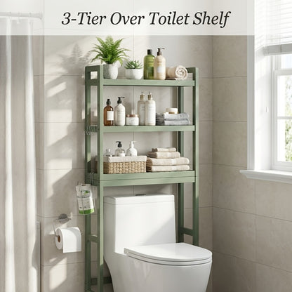 Over The Toilet Shelf Unit 3 Tier Adjustable Rust Resistant Bamboo MDF, Space-Saving Bathroom Organizer for Towels Toilet Paper Toiletries Vertical Storage