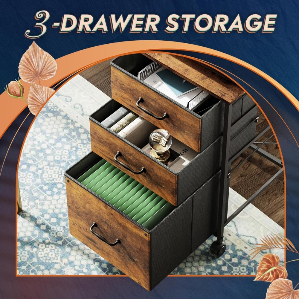 Mobile File Cabinet with 3 Drawers – Rolling Printer Stand, Fabric Vertical Filing Cabinet for A4 & Letter Size, Vintage Espresso Style Home Office Storage