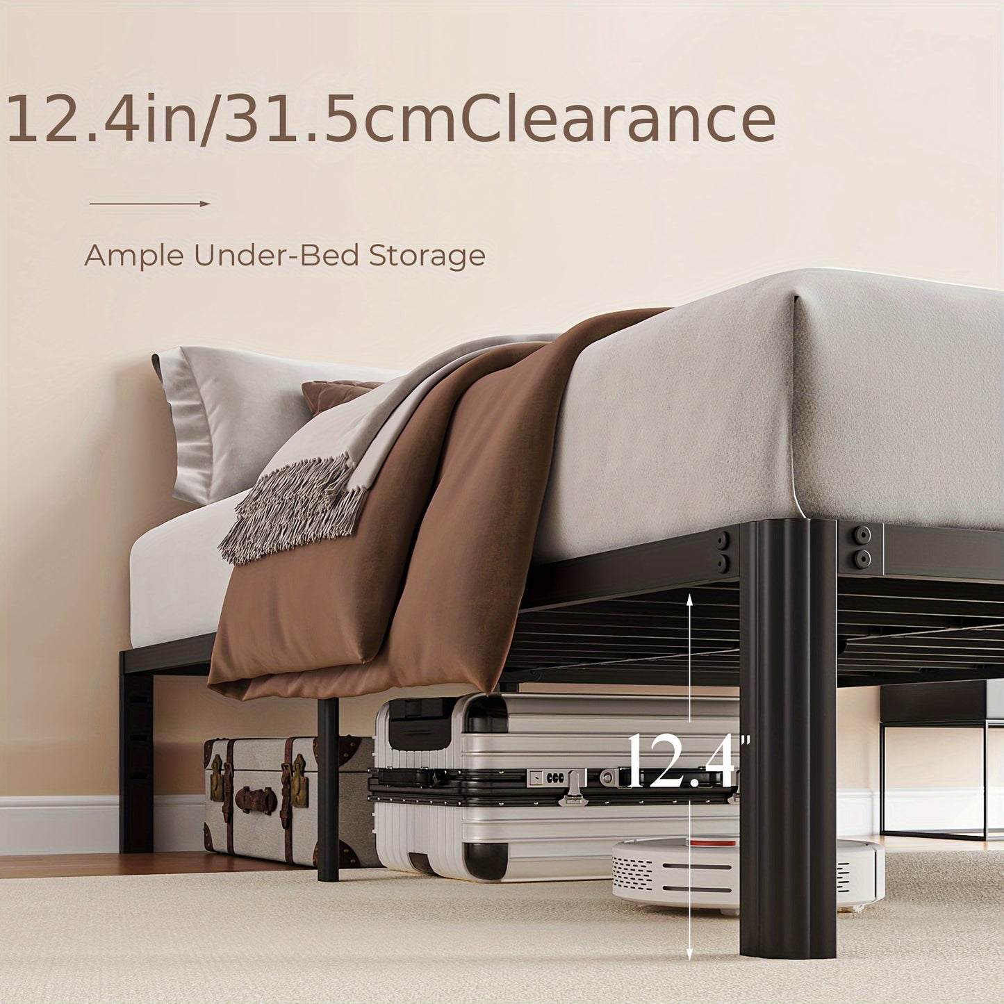 14 Inch Black Metal Bed Frame, King/Queen/Full/Twin Upgraded Rounded Fan-shaped Legs, 4 Mattress Limiters, 3500LBS Heavy-duty Steel Bars, No Need for Springs, No Noise, Reinforced Large Storage Space Below, Not Including Headboard, Easy to Assemble