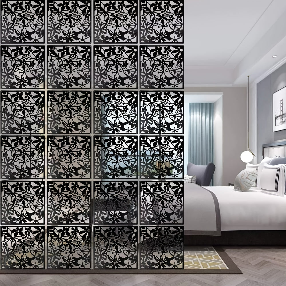 12/24pcs Plastic Hanging Room Divider Panels, Art Decor Floral Carved Thick PVC Screen Panels Hanging Wall Divider Room Partition, Stylish Hollow Design for Home, Office, Kitchen, Bedroom, Living Room Decor And Additions - White/Black