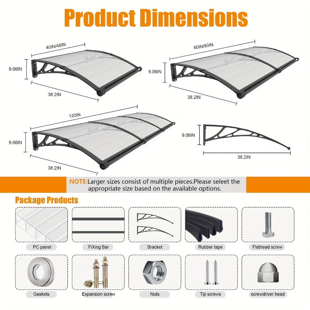 Polycarbonate Window Awning with Large Gutter – UPF50+ Rain, Sun & UV Protection Canopy for Windows, Doors & Garage – Transparent & Grey Panels, ABS Brackets, 9 Sizes (32"-40" Wide)