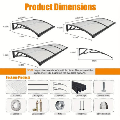 Polycarbonate Window Awning with Large Gutter – UPF50+ Rain, Sun & UV Protection Canopy for Windows, Doors & Garage – Transparent & Grey Panels, ABS Brackets, 9 Sizes (32"-40" Wide)