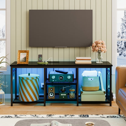TV Stand with Charging Station and LED Lights, 55 Inch Entertainment Center with 4-Tier Open Storage Shelves, Living Room Bedroom Media Console Cabinet, Easy Assembly
