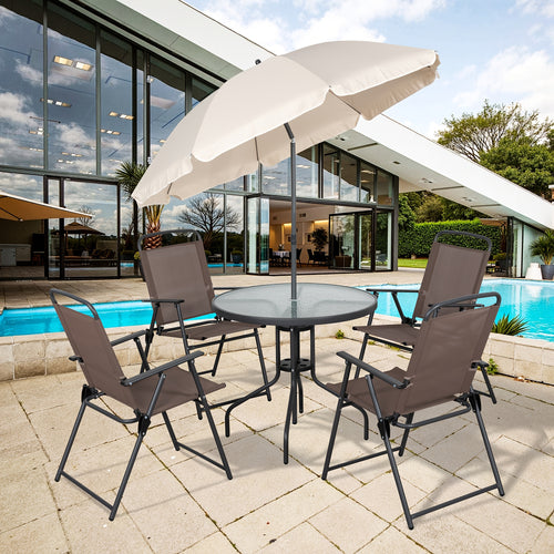 [6pcs Folding Patio Set] JY QAQA 6pcs Folding Patio Dining Set, All-Weather Small Metal Outdoor Table And Chair Set, Garden Patio Furniture Set W/Umbrella, Glass Table And 4 Folding Chairs for Lawn, Deck, Backyard