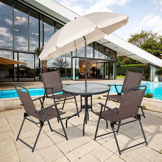 [6pcs Folding Patio Set] JY QAQA 6pcs Folding Patio Dining Set, All-Weather Small Metal Outdoor Table And Chair Set, Garden Patio Furniture Set W/Umbrella, Glass Table And 4 Folding Chairs for Lawn, Deck, Backyard